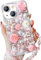 Szakdws Bling Diamond Case for iPhone 15 Plus 6.7 with Pearl Bracelet Strap Cover,Pink 3D Sparkly Shiny Crystal Rhinestones Flower Girly Shockproof Phone Case with Lanyard