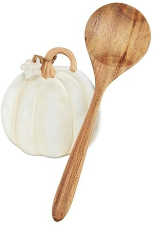 Mud Pie White Pumpkin Spoon Rest Set; spoon 10 x 3 | rest 4 3/4 x 4 1/4