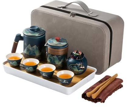 YoeEoay Porzellan Gongfu-Teeservice, 13-teiliges Reise-Teeset, Tragbares Und Praktisches Tee Set Für Erwachsene, Inklusive Grauem Lederetui - Perfekt Für Teekultur Und Teezeremonien