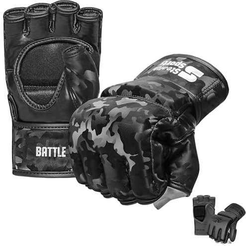 Stealth Sports MMA Gloves Men Women 12mm Thick - PU Leather Grappling Gloves Open Palm Muay Thai Kickboxing Sparring Punching Bag Boxing Training Cage Fighting Martial Arts Mitts (Camo, L)
