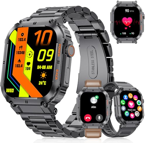 LIGE Smartwatch Herren Militärische mit Telefonfunktion,1.96'' HD Touchscreen,100+ Sportmodi Aktivitätstracker mit Herzfrequenz/SpO2/Schlafmonitor/Schrittzähler,400mah Sportuhr,5ATM Schwarz 3 Straps
