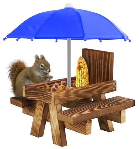Sonhomay Eichhörnchen Futterstation Outdoor Holz Eichhörnchen Futterstation Lustig Eichhörnchen Futtertisch Vogel Eichhörnchen Futterstation mit einem Regenschirm für Garten Hof Baum