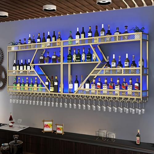Porte Bouteille Mural Industriel Pour Bar,Range Bouteille Vin,Casier À Vin Et Porte-Verre,Casier À Bouteilles En Métal,Etagere A Vin Avec Lumière LED,Étagère De Rangement,Grand Porte-Bouteilles(Gold,1