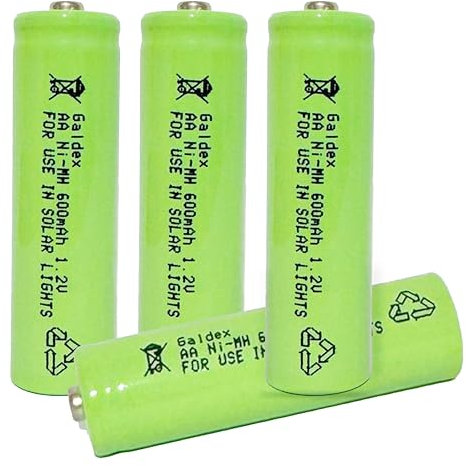 Galdex 4 Pack AA Rechargeable Solar Light Batteries 1.2V 600mAh Ni-MH Pre-Charged Double A Solar Battery for Indoor Outdoors use in Garden Lawn Lamps, String Lights (AA 600mAh, 4 Pack)