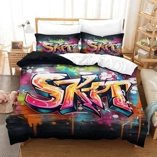 EKDKERBDI Street Hip Hop Bettbezug Set Bettwäsche-Sets Kinderbettwäsche-Set Reißverschluss Mit Kissenbezügen Betten Set Für Jungen Und Mädchen, Kinder Single(140x200cm)