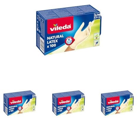 Vileda Guanti Natural Latex 100, Guanti Usa e Getta, Guanti in Lattice Naturale, Senza Polvere, Taglia S/M, 100 unità (Confezione da 4)