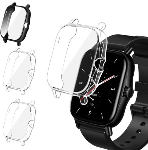 ivoler 3 Stücke Hülle mit Schutzfolie für Amazfit GTS 2 / Amazfit GTS 2e, Vollständige Abdeckung Stoßfest Kratzfest Schutzhülle Ultradünne Weiche TPU Displayschutz Case, 2 Klar + 1 Schwarz