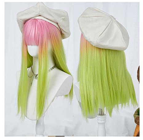 Table à Café Perruque Lolita synthétique longue et lisse avec frange, perruque de Cosplay rose dégradé vert for femmes et filles, perruque naturelle douce et résistante à la chaleur for Costume d'hall