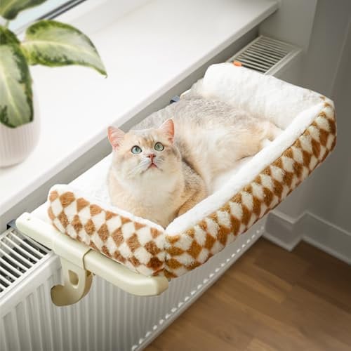 MEWOOFUN Katzen Hängematte Fenster Katzenbett Fensterbank für Katzen - 50x36cm Katzenbett für Heizung Katzen Hängematte mit mit weichem Bett Abnehmbarem Saugnapffrei hält 18kg (Braun L- mit Bett)