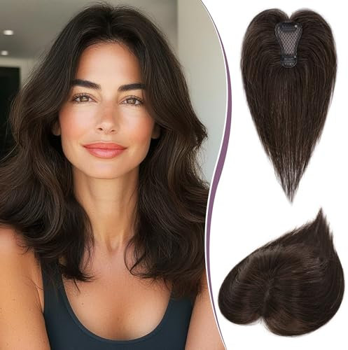 RUWISS Haar Toppers für Frauen Echthaar Topper Leichtes Dunkelbraun mit 15% Dunklem Kakaoblond Clip in Haarteil für Dünner Haar Oberkopf Flauschiger Glatter Hair Topper ohne Pony