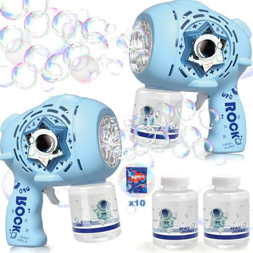 Beria Lot de 2 pistolets à bulles avec solution à bulles, jouets pour enfants âgés de 3 à 8 ans, machine à bulles rechargeable avec lumières LED et brumisateur, cadeaux d'anniversaire en plein air