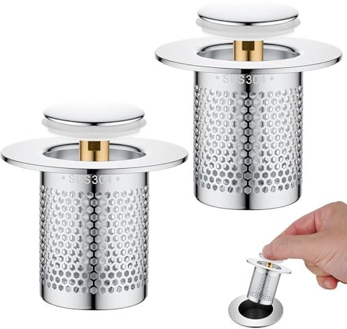 2 Stück Waschbeckenstöpsel Pop Up Edelstahl, Bodenablauf Filter aus Edelstahl, Pop Up Ablaufventil mit Sieb, Pop up Abflussstopfen Waschbecken für Küchen, Balkon, Bad