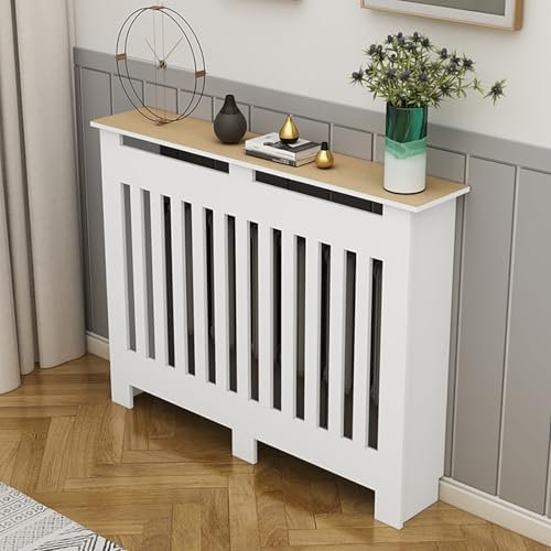 Moderne weiße Heizkörperabdeckung aus Holz, für Heimdekoration, vertikales Latten-Design, dekorative Wohnzimmer-Heizungsabdeckung