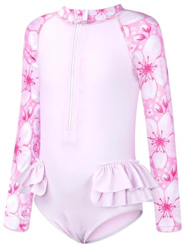 JiAmy Costume da Bagno Bambina con Maniche Lunghe Protezione UV - Mutasina con Zip Frontale per Bambine 3-12 Anni - Abbigliamento Estivo per Spiaggia