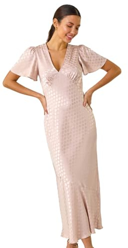 Roman Originals Satin Spot Print Midi Dress for Women UK - Ladies Everyday Holiday Spring Summer V-Neckline Comfy Soft Evening Vacation Work Party - Natural - Size 18