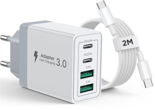 Aioneus Chargeur iPhone, 40W 4 Port Chargeur USB C Rapide Multiple Prise USBC avec 2m Cable USB C pour iPhone 16 15 Pro Max Plus 16e iPad, Samsung, Adaptateur Secteur Type C avec 60W Cable C vers C