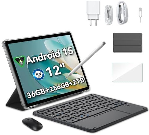 Blackview Mega2 Android 15 Tablet 12 Zoll, 36GB RAM+256GB ROM, 2K FHD Gaming Tablet mit Tastatur Maus Stift Kopfhörer, 4G LTE+5G WiFi, 9000 mAh, WideVine L1, Dual Kamera, Face ID, GPS, Hülle