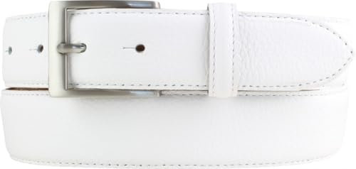 Italienischer Anzug-Gürtel, 35 mm breit, Herren, Anzuggürtel, Hosengürtel, strukturiertes Leder, Schließe Silber | Weiß 95cm