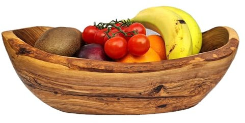 Cleminson Bol à fruits ovale en bois d'olivier sculpté à la main – Design rustique et unique, grain naturel