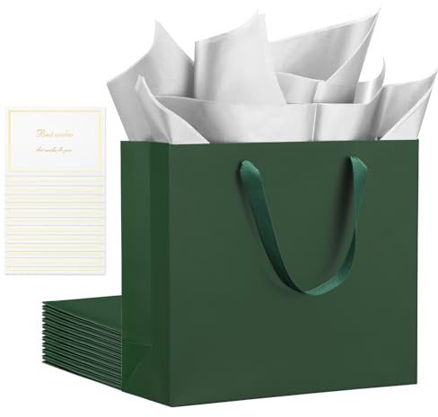 EUSOAR Dunkelgrün Geschenktüten Set - 10er Pack 32x11.5x28cm L Geschenktaschen mit 10 Weiß-gold Grußkarten, 20 Silbernen Seidenpapier - Große Verpacken Papiertüte mit Griffen