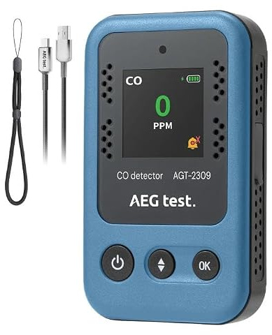 AEGTEST AGT-2309 Kohlenmonoxidmelder, 15 Tage Standby, Wiederaufladbarer Mini-CO-Monitor mit Umhängeband für Reisen & Camping, Handliches CO-Messgerät mit akustischen & visuellen, 0–1000 ppm – Blau