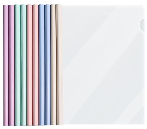 VEGCOO 10 Pièces Transparent Reliure Dossier Baguette, Feuilles A4 Couverture De Rapports Plastique, classeur avec barre coulissante pour École, Bureau, Accueil, Resume, Documents, Couleurs Pastel