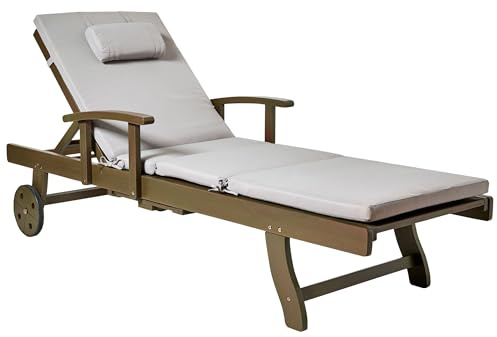 Beliani Acacia Wood Garden Sun Lounger Reclining with Wheels Classic Design with Light Grey Cushion Amantea Premium II