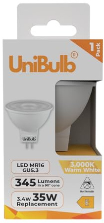 Unibulb GU5.3 MR16 3.4W (Replaces 35W), Energy Efficient LED Spotlight Downlight Ceiling Light Bulb, 345 Lumens, 3000K Warm White, 35W Equivalent, 25,000hr Life, Non-Dimmable, Pack of 1