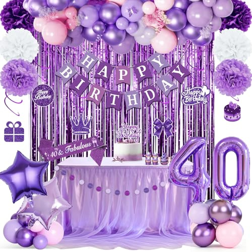 Decorazioni viola per il 40° compleanno delle donne, striscione di buon compleanno, palloncini viola, tenda di lamé viola, pompon, spirale sospesa per articoli per feste femminili