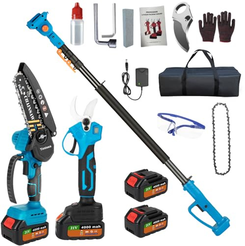 Timisea 4-in-1 Gartenset mit Teleskop 3 cm Heckenschere Akku, 6 Zoll Kettensäge, Hochentaster & Zubehör 21V Akku Motorsäge 2,6 m Teleskopstange 2 * 4000 mAh Lithium