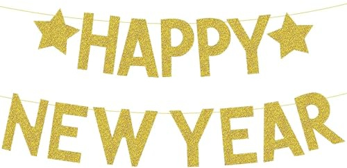 Happy New Year Girlande Silvester Deko 2026 Gold - 5M Glitzer Happy New Year Girlande Banner Silvesterdeko Frohes Neues Jahr Girlanden Hängedeko für 2026 Neujahr Deko Silvester Party Dekoration (Gold)
