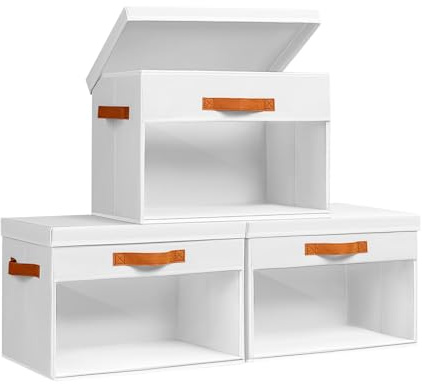 Homsorout 3 Pack Fabric Storage Boxes with Lids & Clear Windows White 22L | Wardrobe Organiser with Handles, Foldable Baskets Bins for Clothes, Towel, Sheet, Toy, Books on Office, Shelves, Living Room