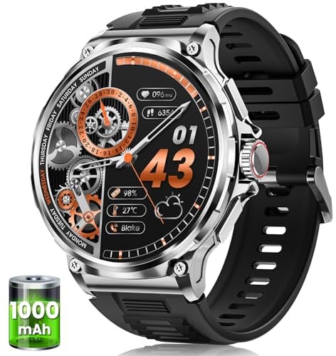 Smartwatch Herren mit 1000mAh Akku, 1.92 AMOLED Display, 5ATM Wasserdicht Militär Smart Watch mit Telefonfunktion, 24/7 Herzfrequenz/SpO2/Schlafmonitor, 120+ Sportmodi Sportuhr iOS Android, Silber