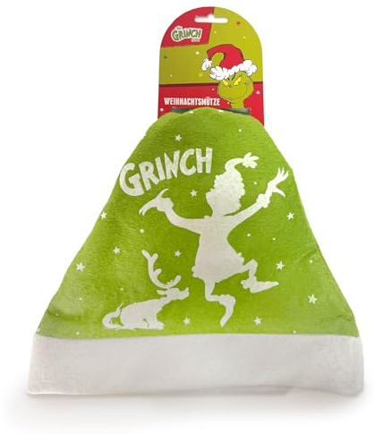 The Grinch – Weihnachtsmütze Grün & Weiß 30×42 cm aus Polyester – Nikolausmütze Bommelmütze Einheitsgröße für Weihnachten – Lustige Kopfbedeckung für Kinder & Erwachsene im typischen Grinchmotiv