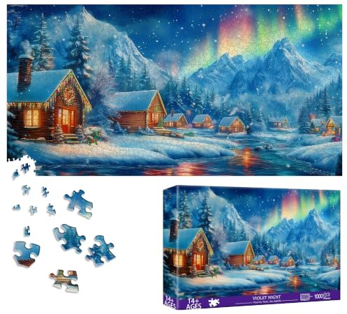 Bimkole Winterliche Aurora Puzzle 1000 Teile, Schneehaus Puzzle 1000 Teile Erwachsene für Erwachsene und Kinder ab 14 Jahren – Unterhaltsames Und Anspruchsvolles Familienpuzzle, Tolle Geschenkidee