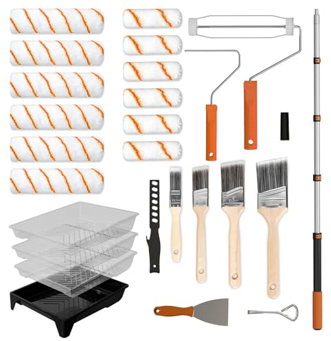 LAANPOLE Rouleau Peinture avec 1,3m Perche Telescopique, 27 Pièces Kit Peinture Mur, Rouleaux de Peinture 23 cm/10 cm pour Murs, Manches Microfibre pour Peinture Professionnelle, Orange