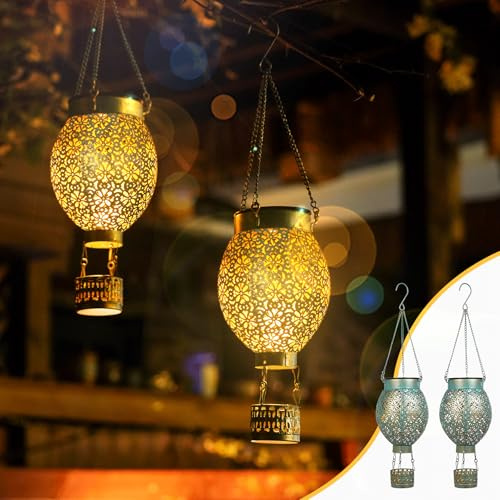 JOYCREATOR Solarlampen für Außen Hängend 2 Stück, Heißluftballon LED Solarlaterne für Außen Dartendeko, Metall Solar Laterne IP65 Wetterfest als Geschenke für Papa, Mama, Gartenliebhaber(Grüngold)