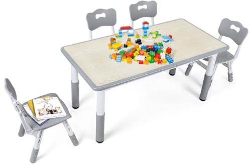 Ansobea Kindertisch mit 4 Stühlen Set, XXL Kindersitzgruppe 120x60 cm, 7-stufig höhenverstellbarer Maltisch & Aktivitätstisch für Kindergarten & Kinderzimmer