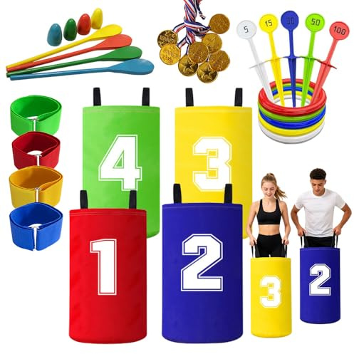 SKIKHN Juegos Exterior Niños, 4 en 1 Sports Day Kit, Juegos de Carreras de Sacos, Juego de Juegos al Aire Libre con Medalla, Sacos, Carrera de Huevos, Carreras de Tres Patas, para Interior y Exterior