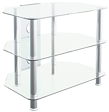 MAHARA Glass Corner TV Stand – Universal Clear Glass TV Unit 60cm wide with Glass Shelves and Cable Management – TV Floor Stand Suitable for up to 32” TVs and Max Weight 35Kg