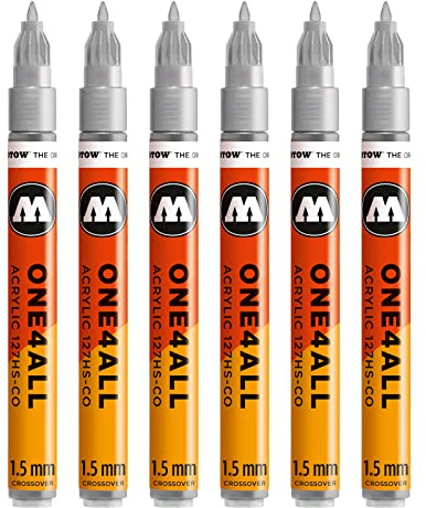 Molotow One4All 127HS-CO Acryl Marker (1,5 mm Strichstärke, hochdeckend und permanent, UV-beständig, für fast alle Untergründe) 6 Stück Farbe 227 metallic silber