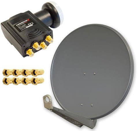 PremiumX DELUXE85 Aluminium Anthrazit 85cm Antenne Digital SAT Schüssel Spiegel HDTV HD 3D 4K + Deluxe LNB Quad 0,1dB Quattro Switch + 8X F-Stecker