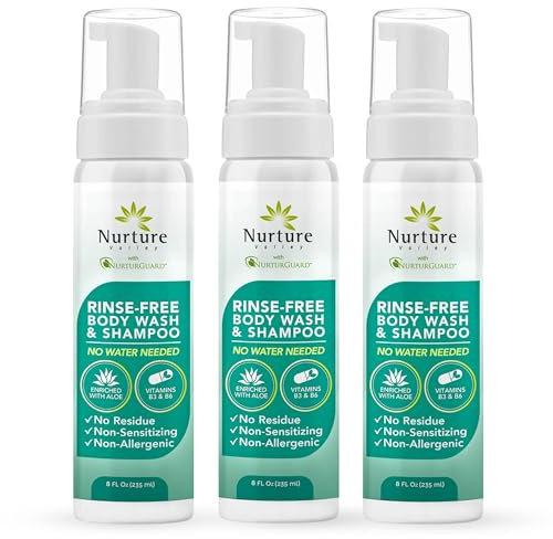Nurture Valley Gel Douche Et Shampoing Sans Rinçage | Mousse Nettoyante Complète Pour Cheveux Et Corps De Qualité Hospitalière Sans Eau Ni Rinçage À L'Aloe Vera - Non Allergène - 3 Bouteilles
