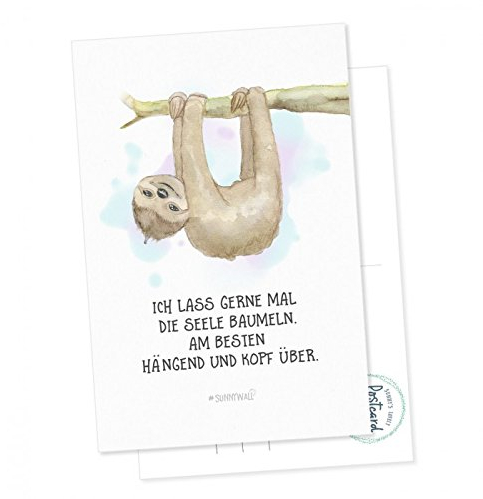 Postkarte Faultier - Ich lass gerne mal die Seele baumen. Am Besten hängend und Kopf über