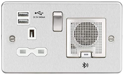 Flat Plate 13A Socket, USB Chargers (2.4A) and Bluetooth Speaker - Brushed Chrome with White Insert