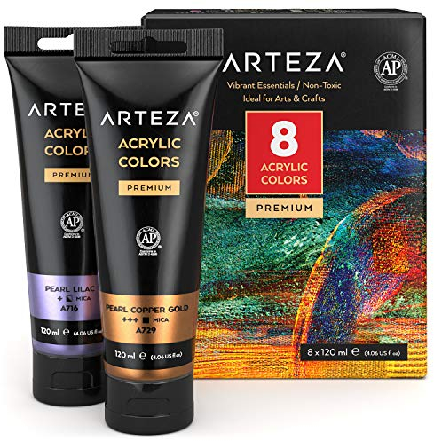 ARTEZA Peinture acrylique métallisée, set de 8 couleurs métallisées en tubes de 120 ml pigments riches, sans décoloration, peintures non toxiques pour les artistes, les peintres amateurs sur toile