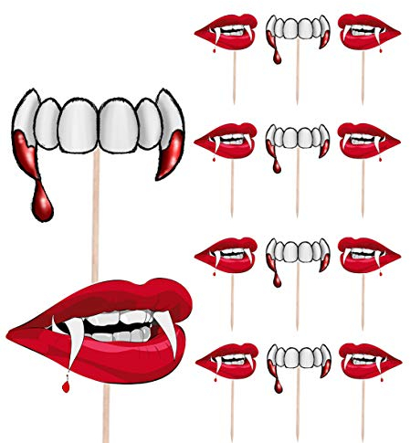 AK Giftshop Vampire Teeth Lips Halloween Party Food Cake Cupcakes Picks Sticks Decorations Toppers Stand Up Food Flags (Pack of 14)