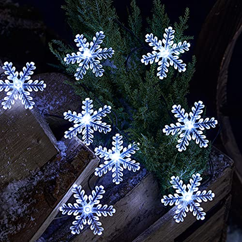 Lights4fun 20er LED Schneeflocken Lichterkette für Außen mit Timer batteriebetrieben