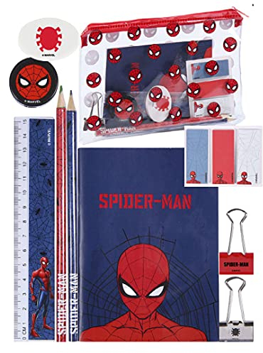 Marvel Spiderman Briefpapier-Set, Einschließlich Bleistifte, Lineal, A6-Notizbuch, Radiergummi, Anspitzer, Haftnotizen, Clips, Federmäppchen, Schulset Jungen