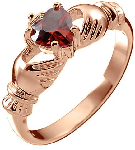 GWG Jewellery Anello Placcato in Oro Rosa 18K Claddagh con Cuore in Rosso Rubino, Mani e Corona - 7 in Confezione Regalo per Donne